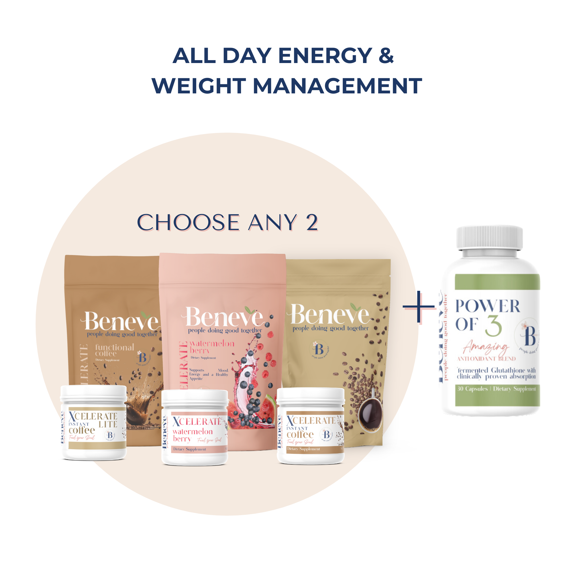 Fuel your body with all-day energy and weight management – choose any 2 Beneve blends + Power of 3!