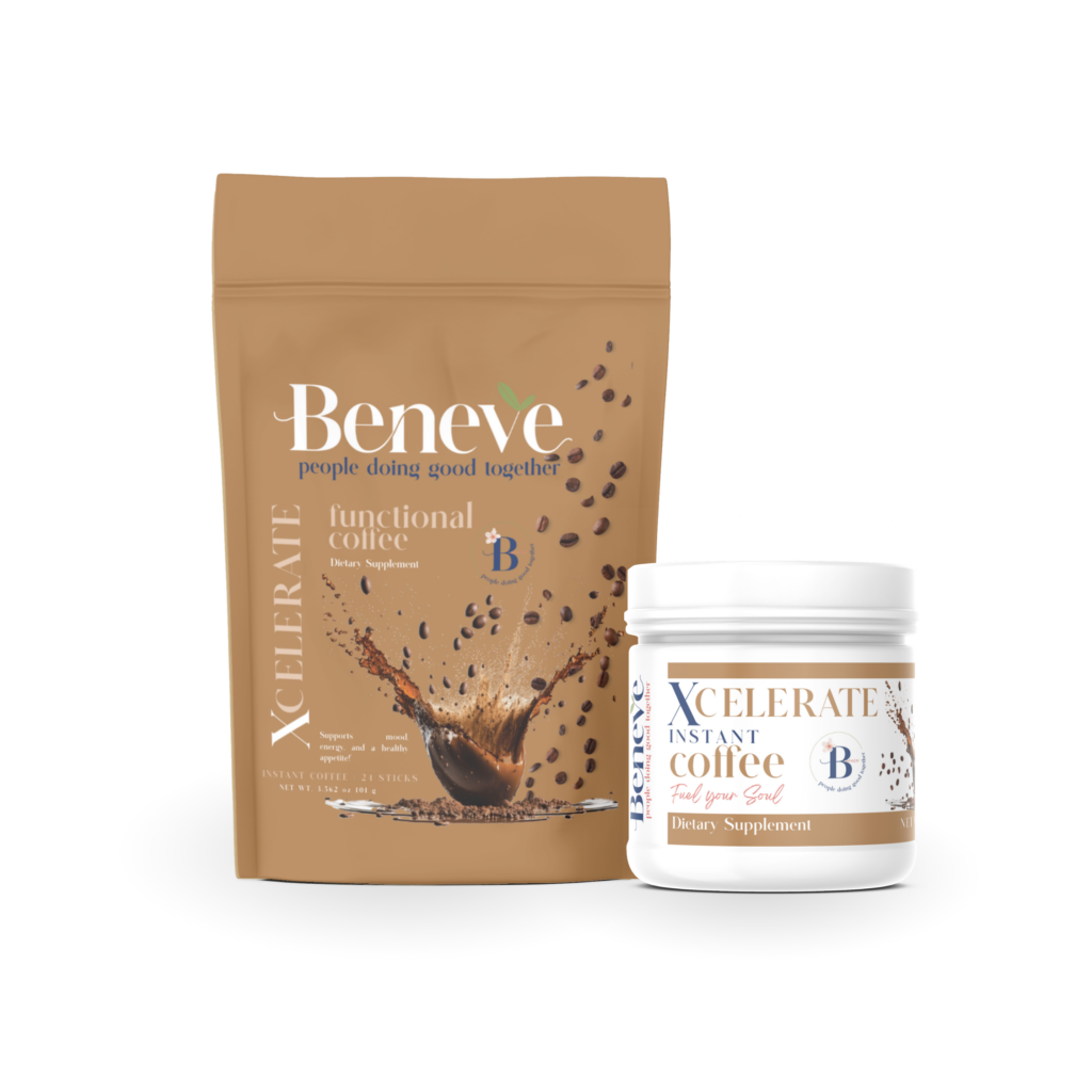Xcelerate Coffee: Elevate Your Energy, Focus & Mood 1 Beneve Xcelerate Coffee is a premium functional coffee designed to boost metabolism, enhance energy, and support focus. With its rich taste and natural ingredients, it’s the perfect companion for weight management and an active lifestyle.