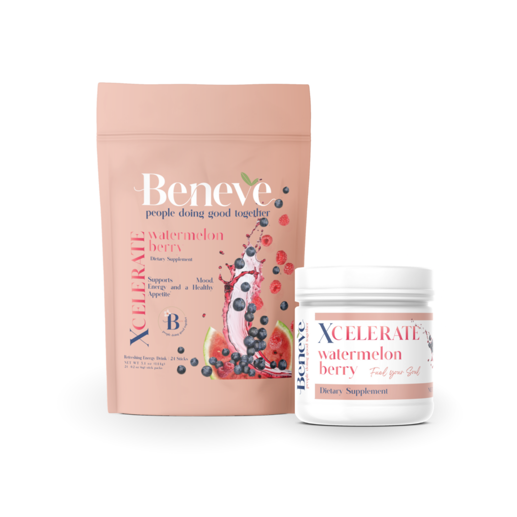 Xcelerate Watermelon Berry: Nootropic Energy Drink 1 Refresh your body and mind with Beneve Xcelerate Watermelon Berry – a fruity blend that supports mood, energy, and a healthy appetite.