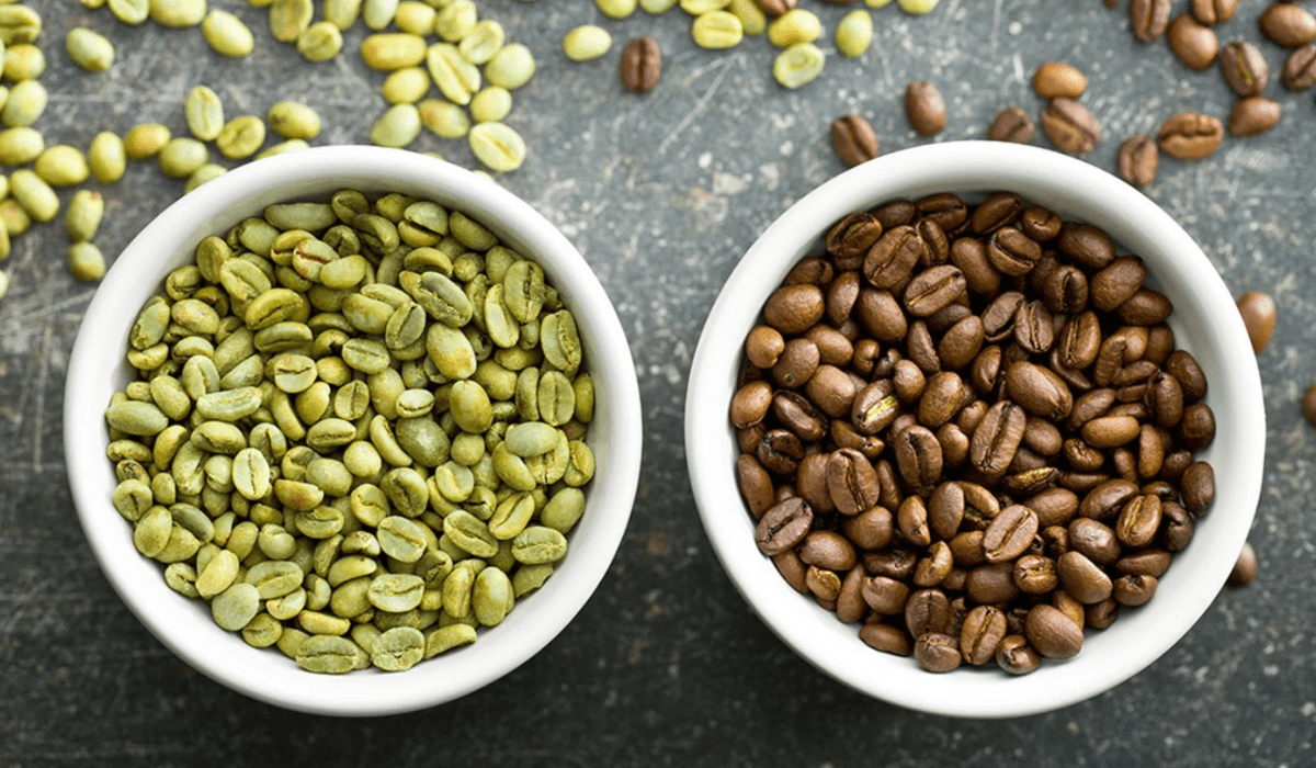 Comparison of green and roasted coffee beans in white bowls, highlighting differences in processing and caffeine content.