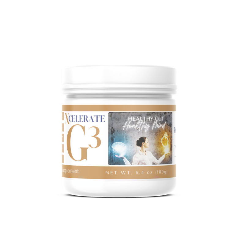 Xcelerate G3: Gut Health, GLP-1 Support & Weight Management 1 Xcelerate G3 supplement tub for healthy gut and mind.