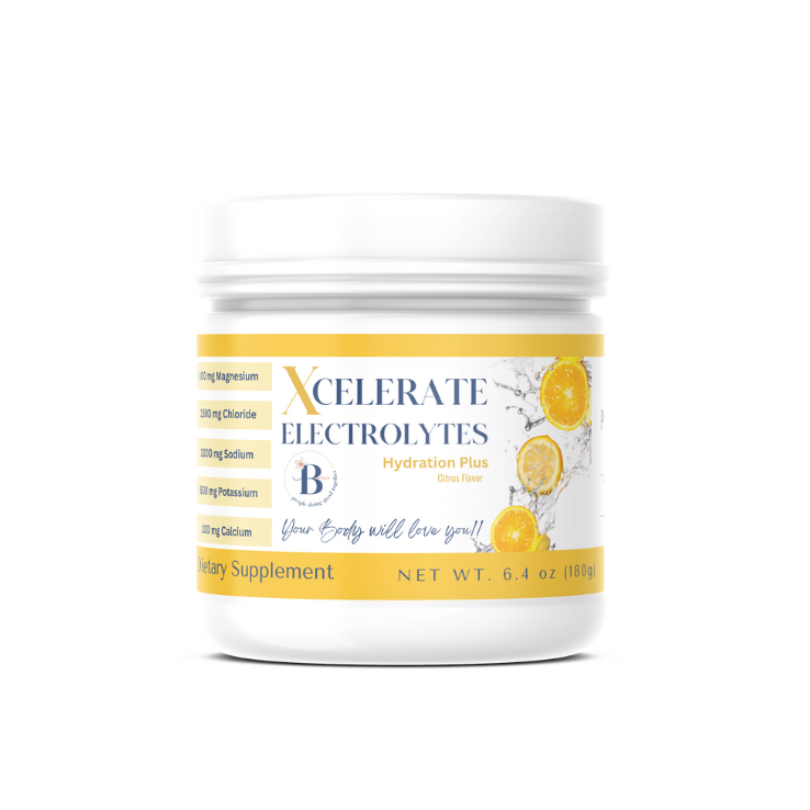 Xcelerate Electrolytes: Gentle Hydration for Optimal Performance 1 Xcelerate Electrolytes Hydration Plus Citrus Flavor dietary supplement powder tub.