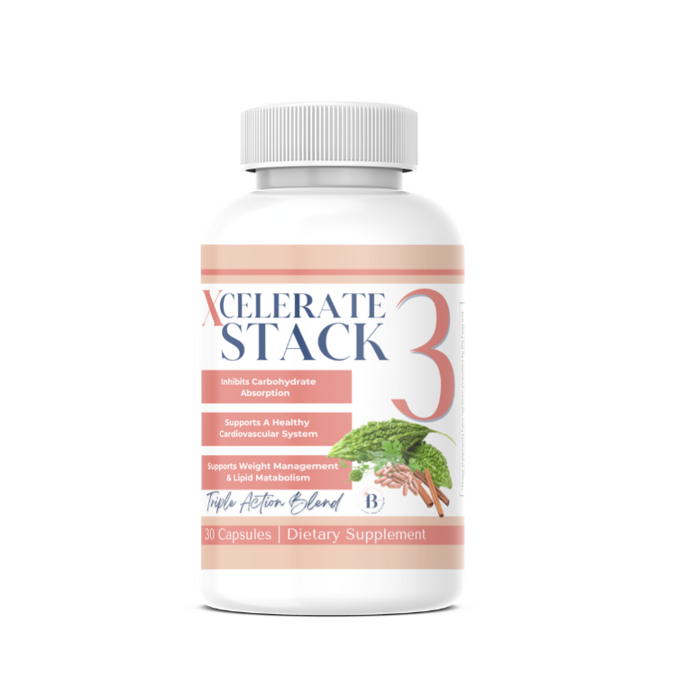 Xcelerate Stack 3: Your Supportive Companion for Weight Management 1 Xcelerate Stack 3 dietary supplement bottle showing benefits like carbohydrate absorption inhibition, cardiovascular support, and weight management.