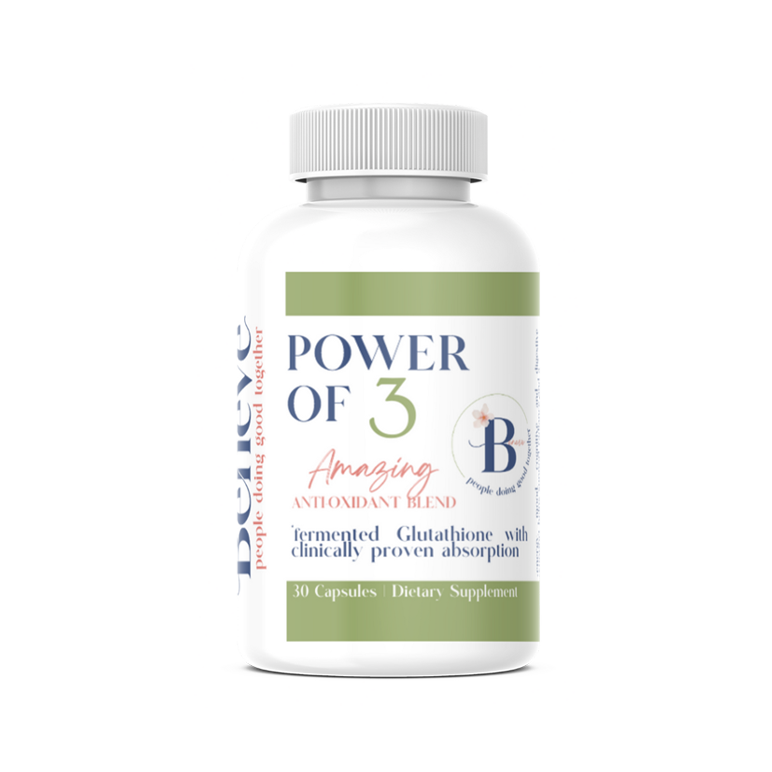 Power Of 3: Supercharge Your Cellular Defense System 1 Beneve Power of 3 Amazing Antioxidant Blend supplement bottle with fermented Glutathione.